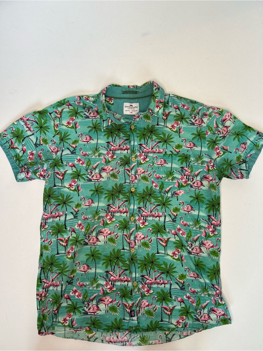 Ditch Plains Mens Flamingo Hawaiian Button Down Shirt Mint Green Beach Aloha Lar - Picture 3 of 6